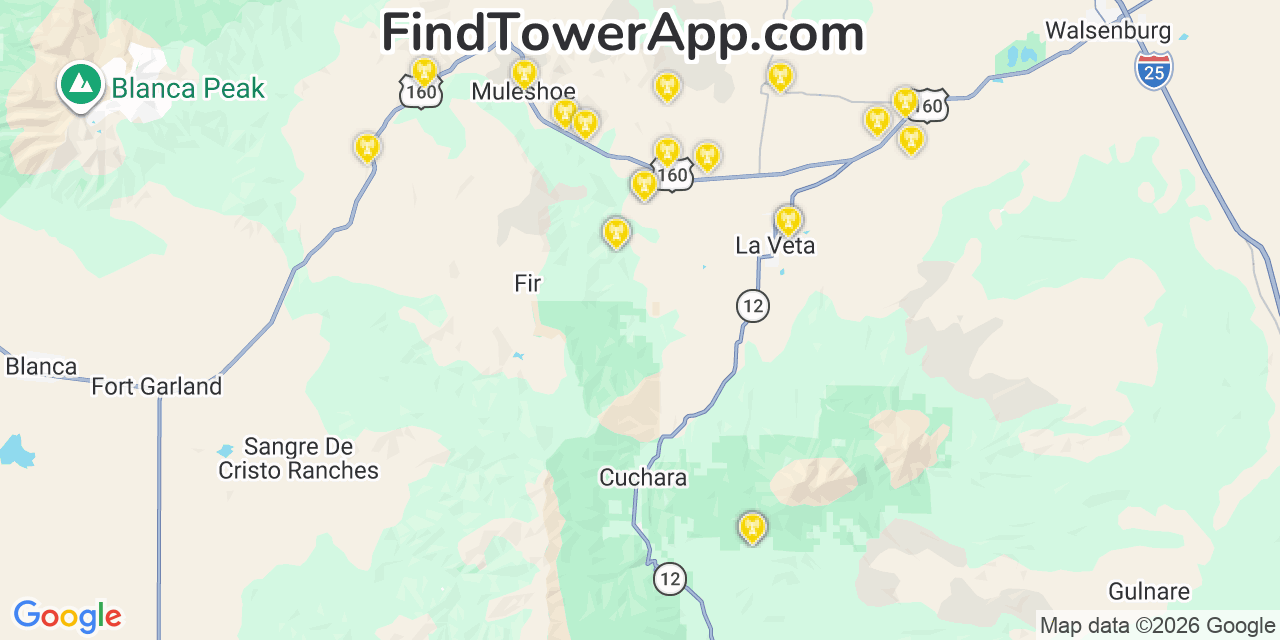 Map showing the 21 primary Verizon cell tower locations detected in Caon City, Colorado with coverage radius and signal strength indicators