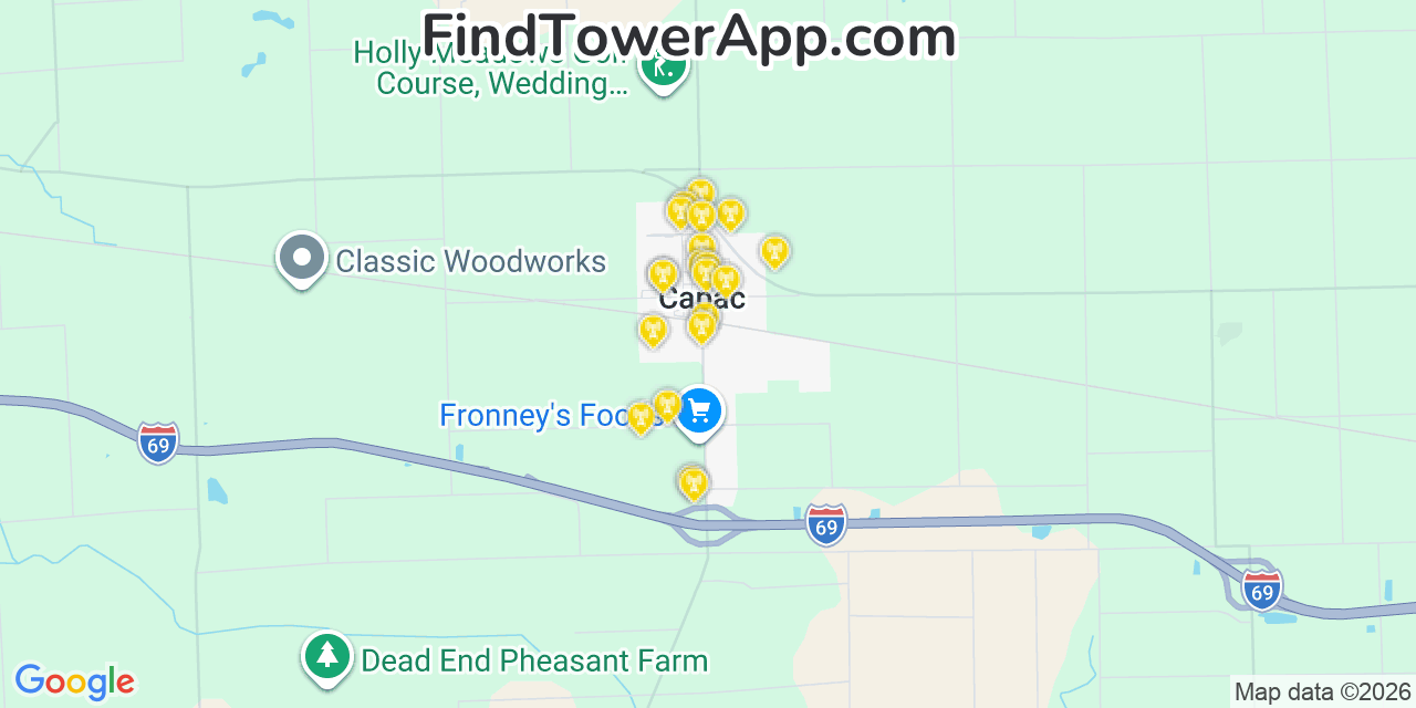Map showing the 20 primary cell tower locations detected in Capac, Michigan from AT&T, Verizon, and T-Mobile networks