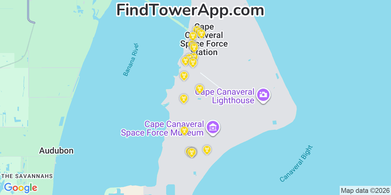 Map showing the 20 primary cell tower locations detected in Cape Canaveral, Florida from AT&T, Verizon, and T-Mobile networks