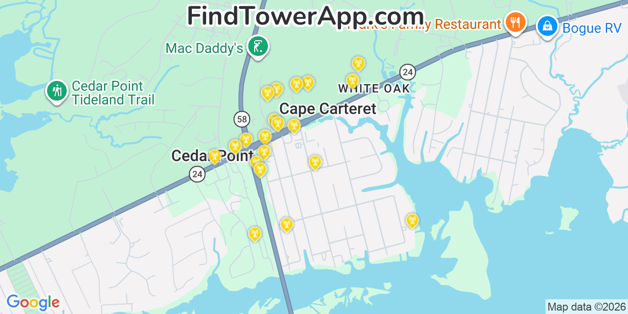 Map showing the 20 primary cell tower locations detected in Cape Carteret, North Carolina from AT&T, Verizon, and T-Mobile networks