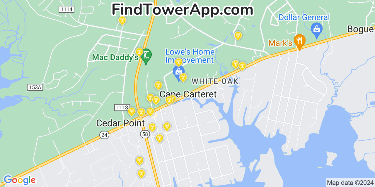 Verizon 4G/5G cell tower coverage map Cape Carteret, North Carolina