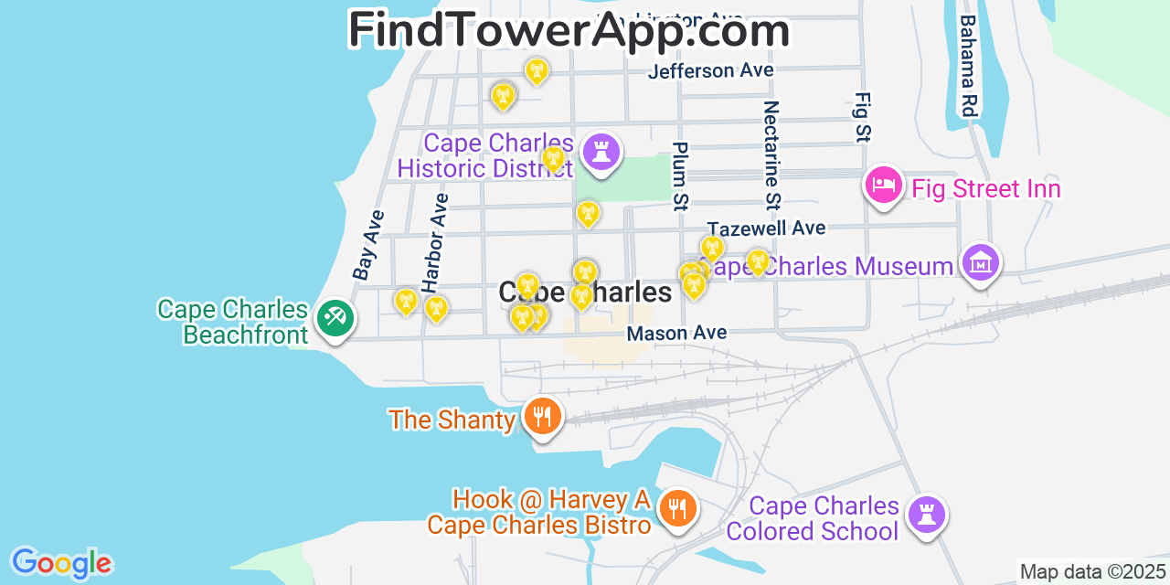 Map showing the 20 primary cell tower locations detected in Cape Charles, Virginia from AT&T, Verizon, and T-Mobile networks