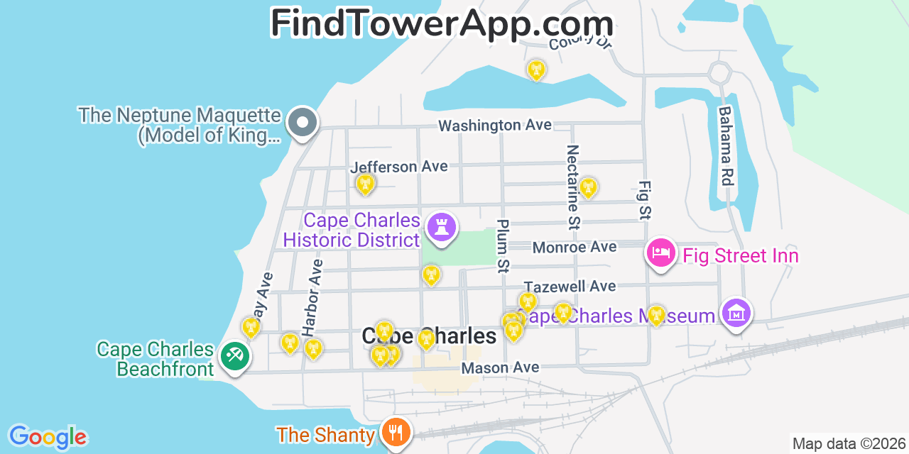 Map showing the 20 primary cell tower locations detected in Cape Charles, Virginia from AT&T, Verizon, and T-Mobile networks