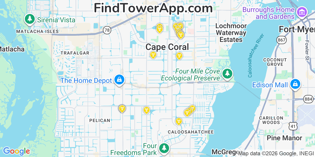 Map showing the 20 primary cell tower locations detected in Cape Coral, Florida from AT&T, Verizon, and T-Mobile networks