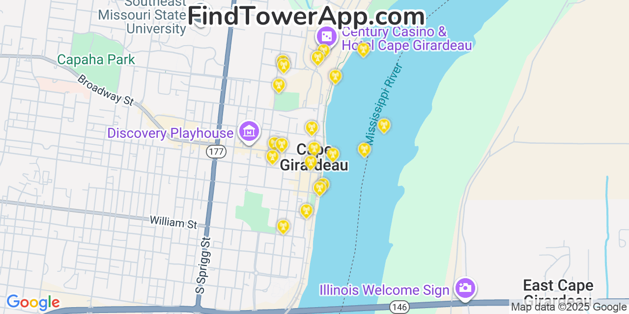 Map showing the 20 primary cell tower locations detected in Cape Girardeau, Missouri from AT&T, Verizon, and T-Mobile networks