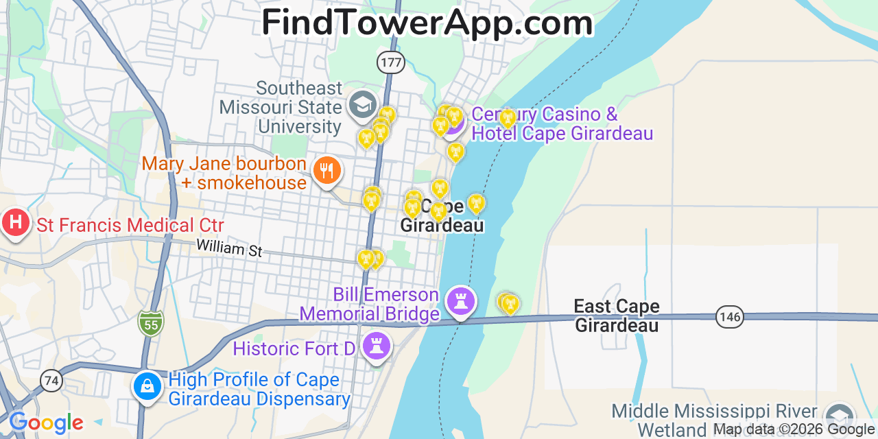 Map showing the 20 primary cell tower locations detected in Cape Girardeau, Missouri from AT&T, Verizon, and T-Mobile networks
