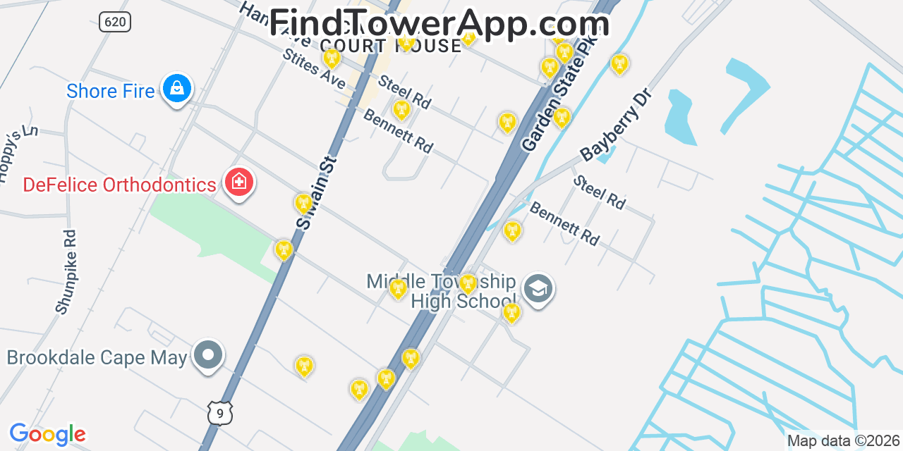 Map showing the 20 primary cell tower locations detected in Cape May Court House, New Jersey from AT&T, Verizon, and T-Mobile networks