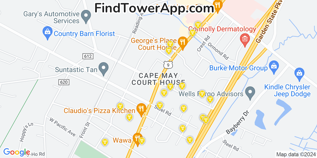 Verizon 4G/5G cell tower coverage map Cape May Court House, New Jersey