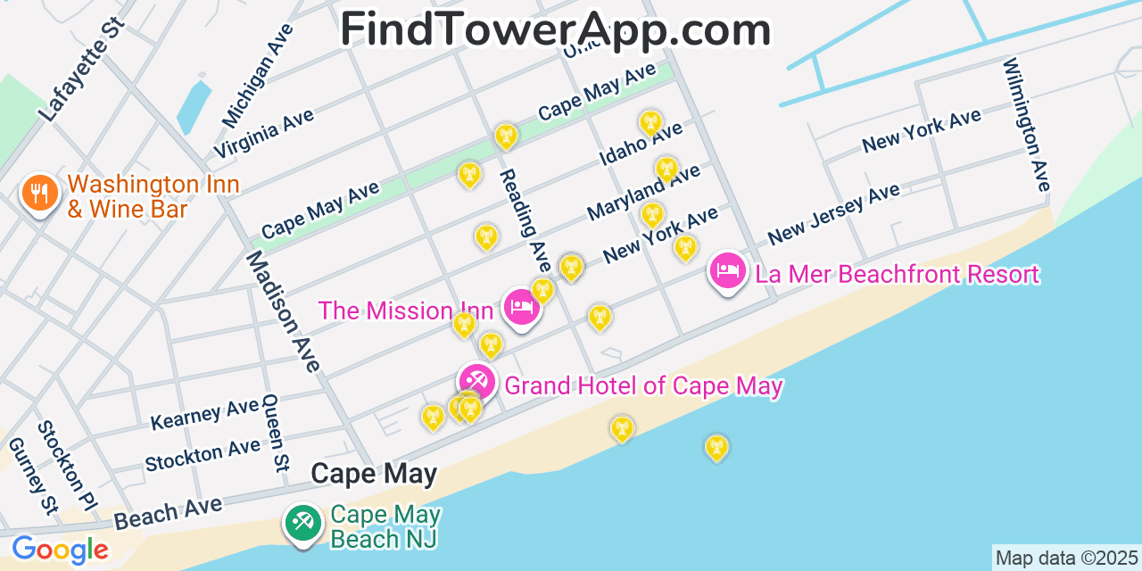 Map showing the 20 primary cell tower locations detected in Cape May, New Jersey from AT&T, Verizon, and T-Mobile networks
