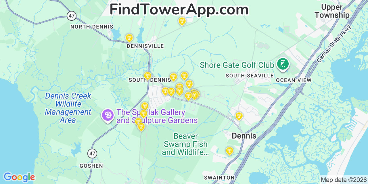 Map showing the 20 primary cell tower locations detected in Cape May, New Jersey from AT&T, Verizon, and T-Mobile networks