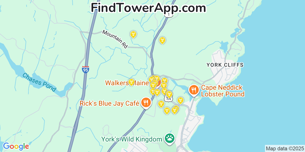 Map showing the 20 primary cell tower locations detected in Cape Neddick, Maine from AT&T, Verizon, and T-Mobile networks
