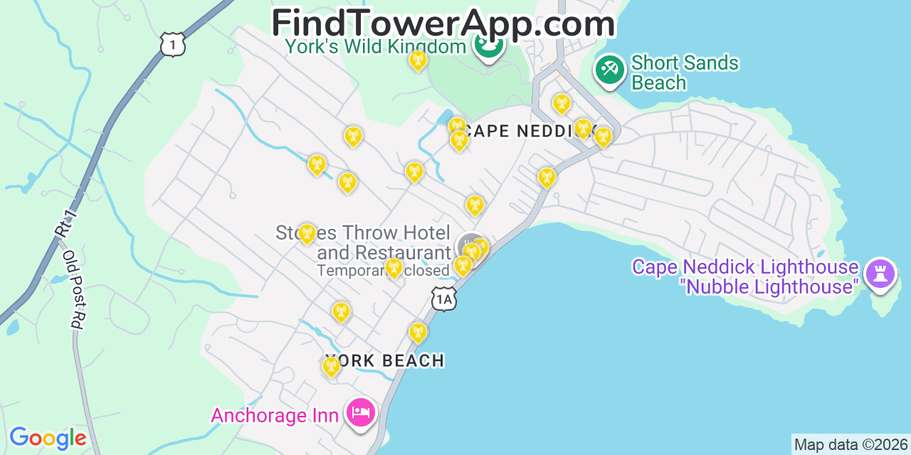 Map showing the 20 primary cell tower locations detected in Cape Neddick, Maine from AT&T, Verizon, and T-Mobile networks