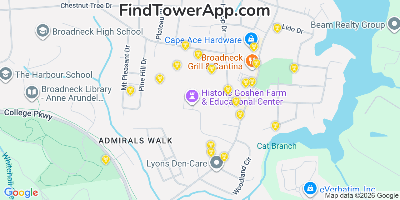 Map showing the 20 primary cell tower locations detected in Cape Saint Claire, Maryland from AT&T, Verizon, and T-Mobile networks