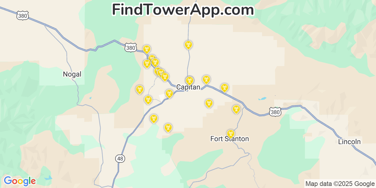 Map showing the 20 primary cell tower locations detected in Capitan, New Mexico from AT&T, Verizon, and T-Mobile networks
