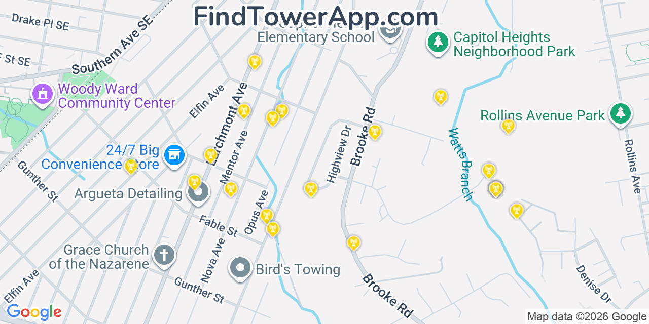 Map showing the 20 primary cell tower locations detected in Capitol Heights, Maryland from AT&T, Verizon, and T-Mobile networks