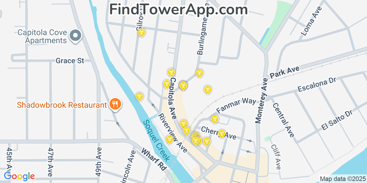 Map showing the 20 primary cell tower locations detected in Capitola, California from AT&T, Verizon, and T-Mobile networks