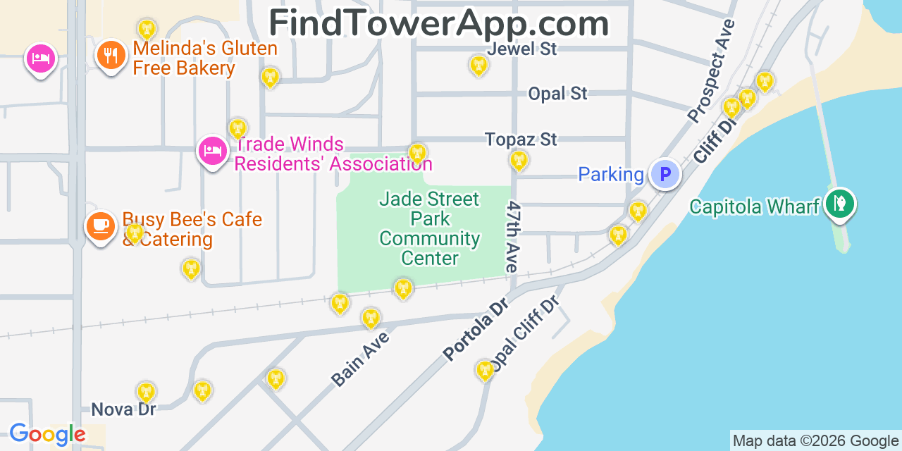 Map showing the 20 primary cell tower locations detected in Capitola, California from AT&T, Verizon, and T-Mobile networks