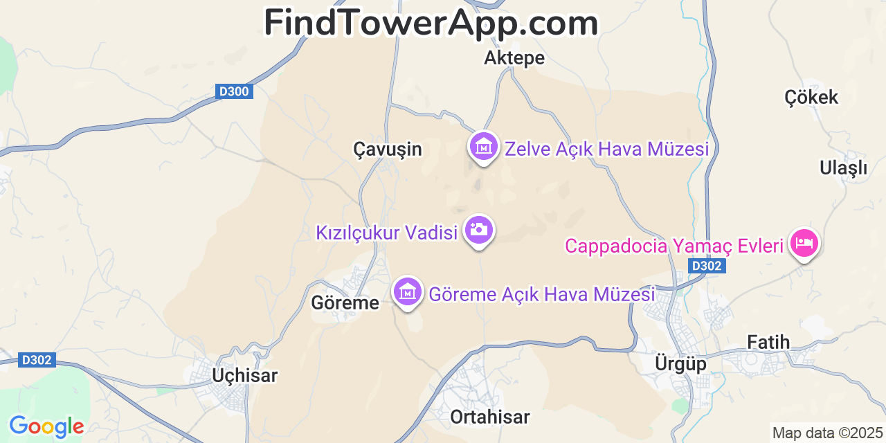 Map showing the 0 primary KKTCELL cell tower locations detected in Cappadocia, Turkey with coverage radius and signal strength indicators
