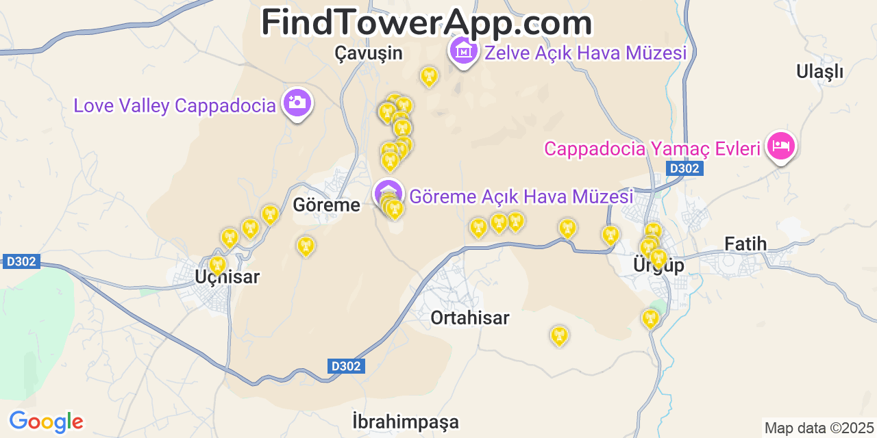 Map showing the 33 primary Türk Telekom cell tower locations in Cappadocia, Turkey