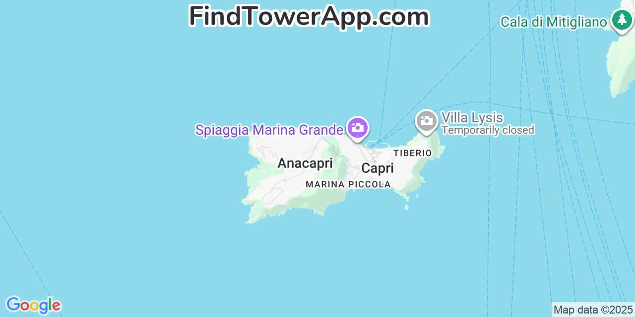 Map showing the 0 primary Iliad cell tower locations detected in Capri, Italy with coverage radius and signal strength indicators