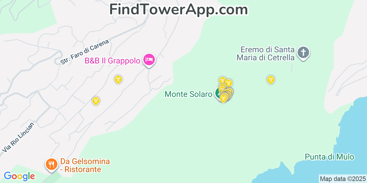 Map showing the 20 primary cell tower locations detected in Capri, Italy with coverage areas and signal strength
