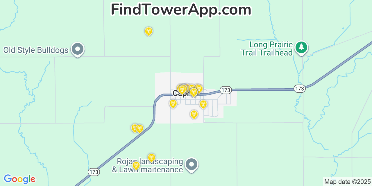Map showing the 20 primary cell tower locations detected in Capron, Illinois from AT&T, Verizon, and T-Mobile networks