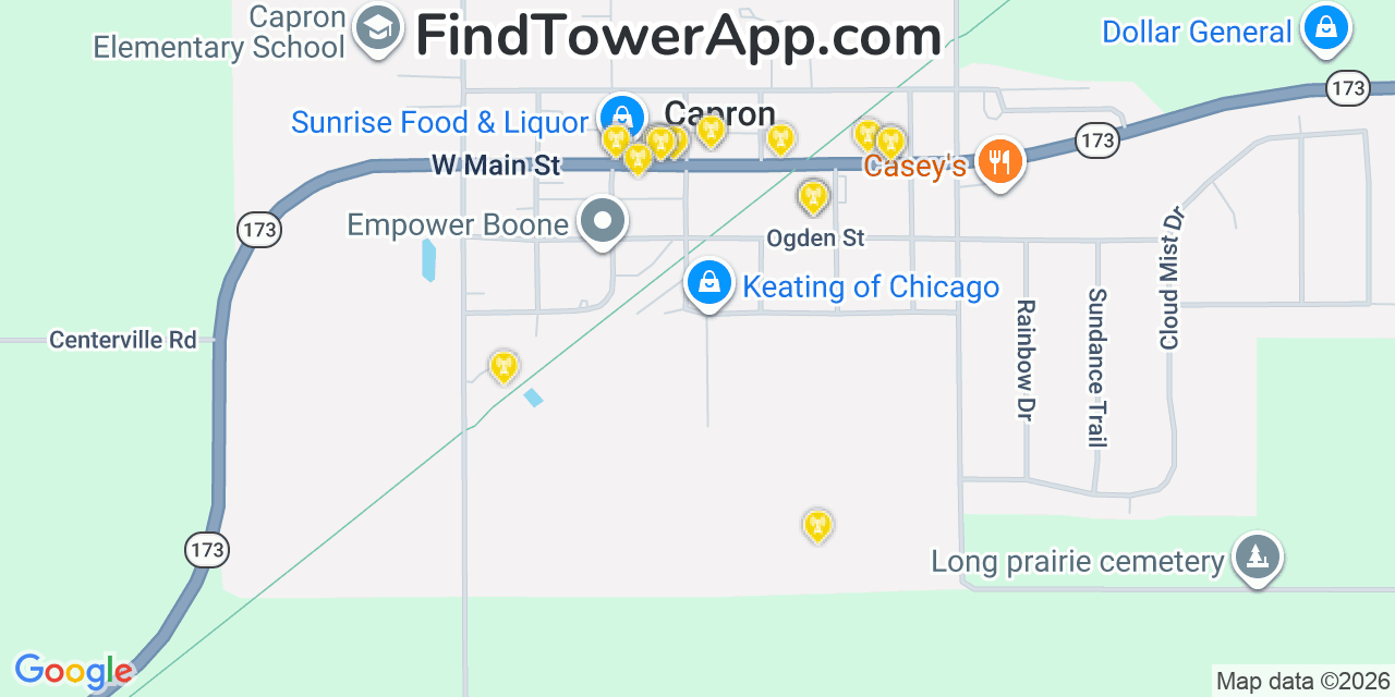 Map showing the 20 primary cell tower locations detected in Capron, Illinois from AT&T, Verizon, and T-Mobile networks