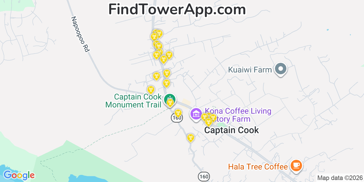 Map showing the 20 primary cell tower locations detected in Captain Cook, Hawaii from AT&T, Verizon, and T-Mobile networks