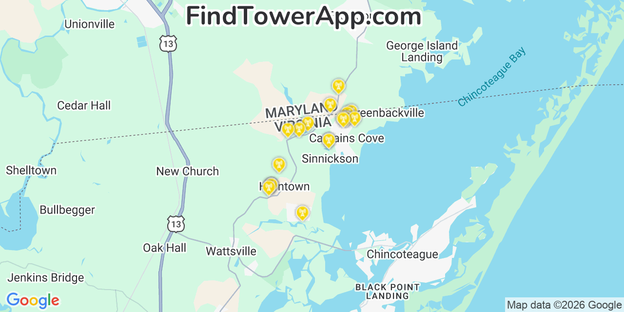Map showing the 20 primary cell tower locations detected in Captains Cove, Virginia from AT&T, Verizon, and T-Mobile networks
