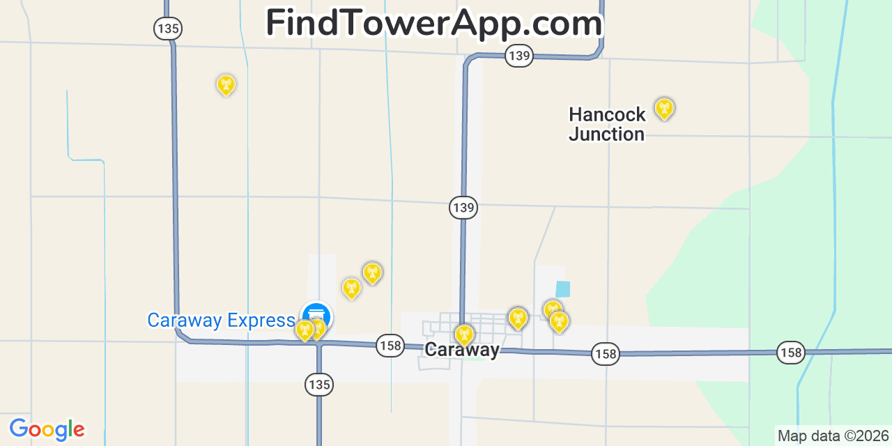 Map showing the 20 primary cell tower locations detected in Caraway, Arkansas from AT&T, Verizon, and T-Mobile networks