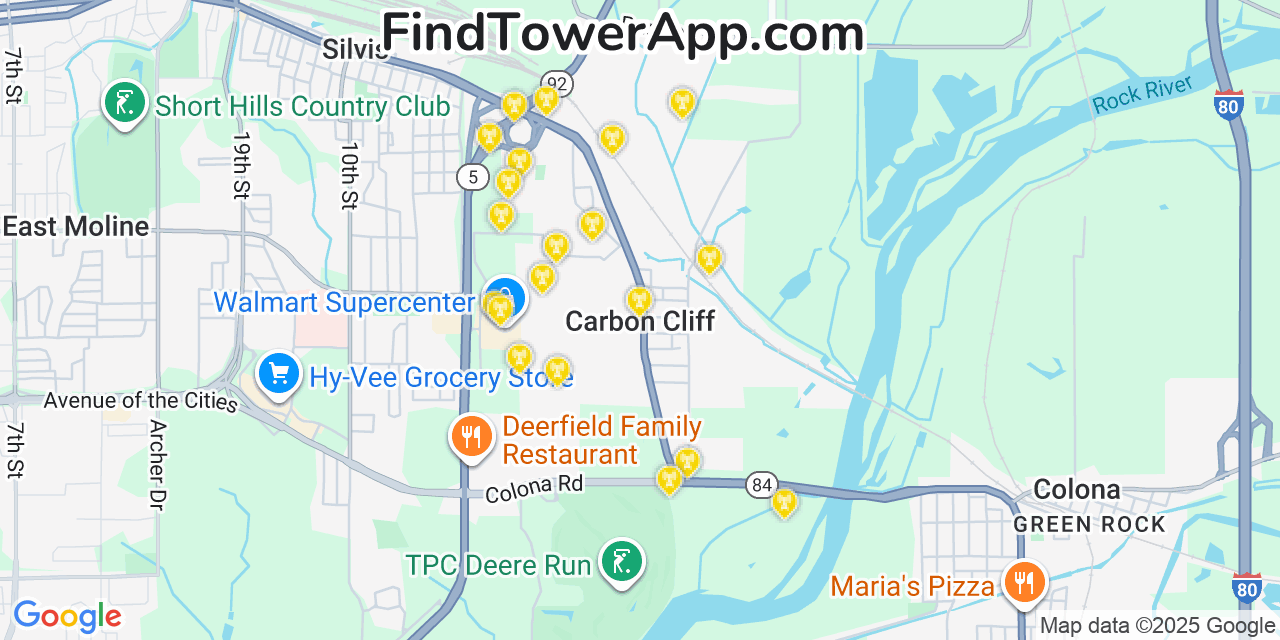 Map showing the 20 primary cell tower locations detected in Carbon Cliff, Illinois from AT&T, Verizon, and T-Mobile networks
