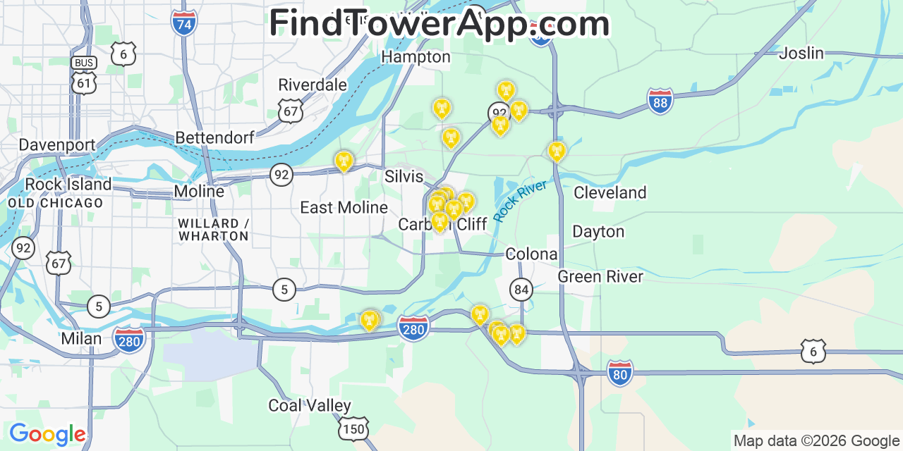 Map showing the 20 primary cell tower locations detected in Carbon Cliff, Illinois from AT&T, Verizon, and T-Mobile networks