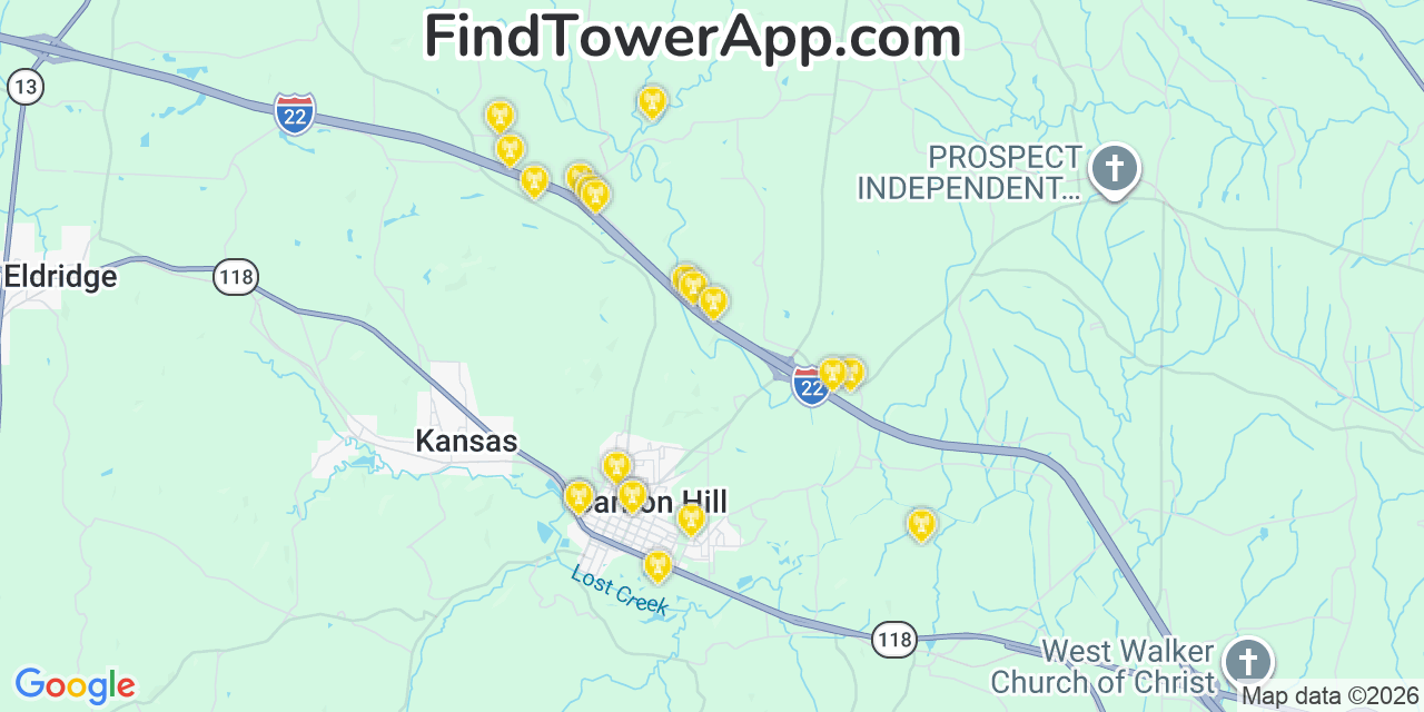 Map showing the 20 primary cell tower locations detected in Carbon Hill, Alabama from AT&T, Verizon, and T-Mobile networks