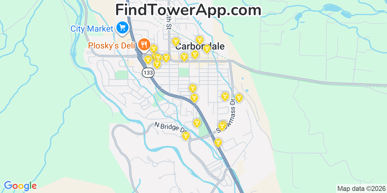 Map showing the 20 primary cell tower locations detected in Carbondale, Colorado from AT&T, Verizon, and T-Mobile networks