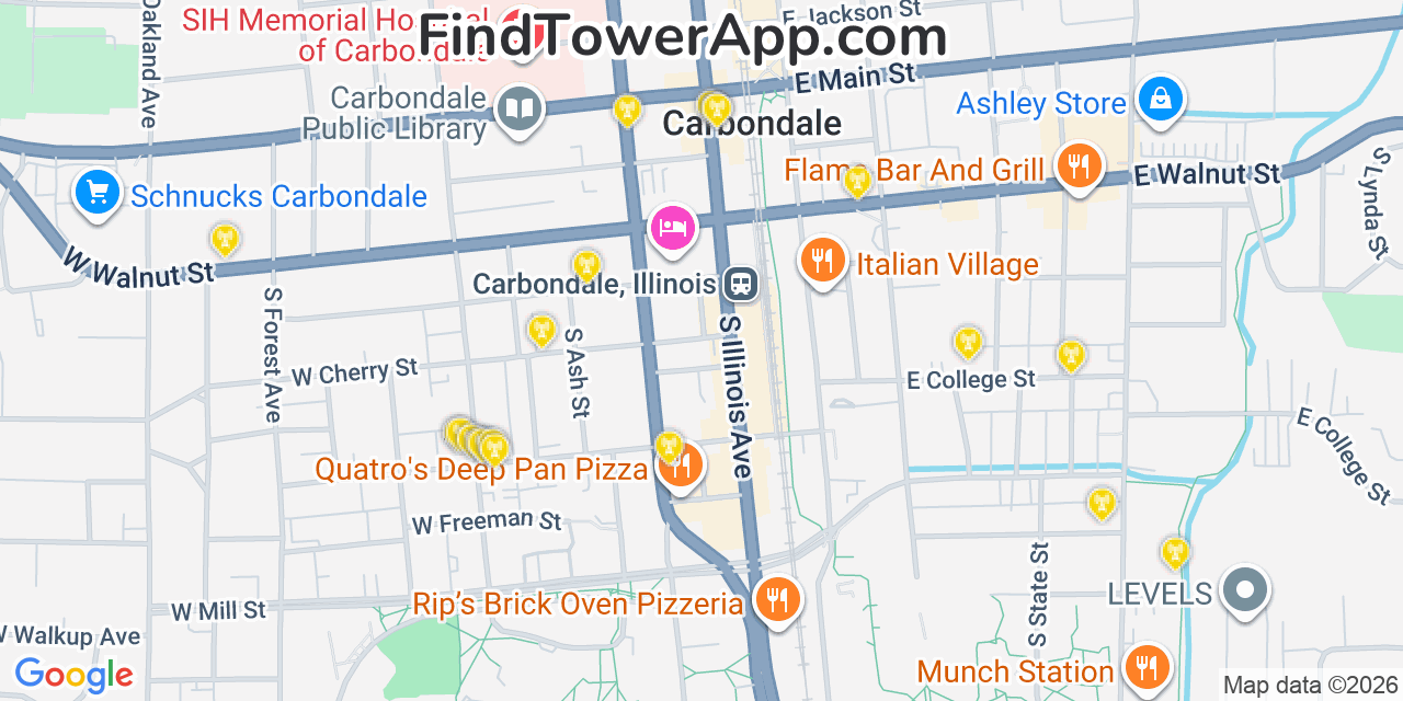 Map showing the 20 primary cell tower locations detected in Carbondale, Illinois from AT&T, Verizon, and T-Mobile networks