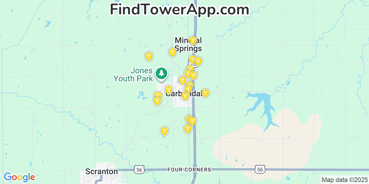 Map showing the 20 primary cell tower locations detected in Carbondale, Kansas from AT&T, Verizon, and T-Mobile networks
