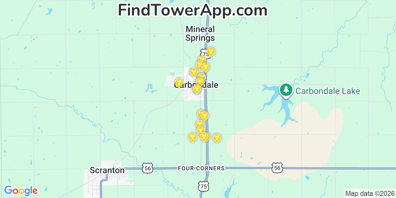 Map showing the 20 primary cell tower locations detected in Carbondale, Kansas from AT&T, Verizon, and T-Mobile networks