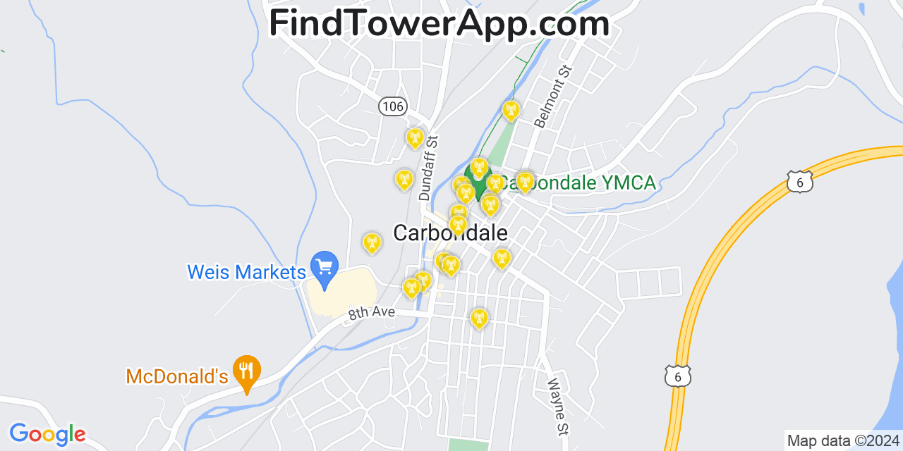 AT&T 4G/5G cell tower coverage map Carbondale, Pennsylvania