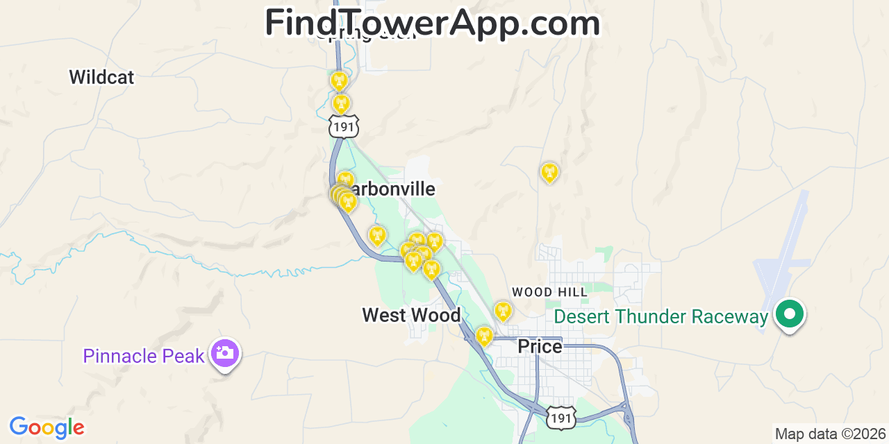 Map showing the 20 primary cell tower locations detected in Carbonville, Utah from AT&T, Verizon, and T-Mobile networks