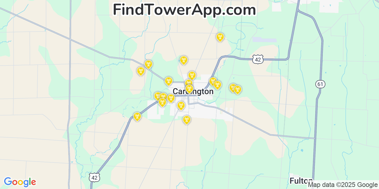 Map showing the 20 primary cell tower locations detected in Cardington, Ohio from AT&T, Verizon, and T-Mobile networks