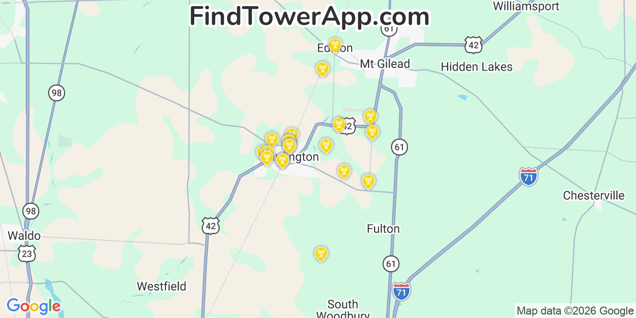Map showing the 20 primary cell tower locations detected in Cardington, Ohio from AT&T, Verizon, and T-Mobile networks