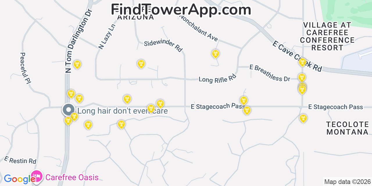 Map showing the 20 primary cell tower locations detected in Carefree, Arizona from AT&T, Verizon, and T-Mobile networks