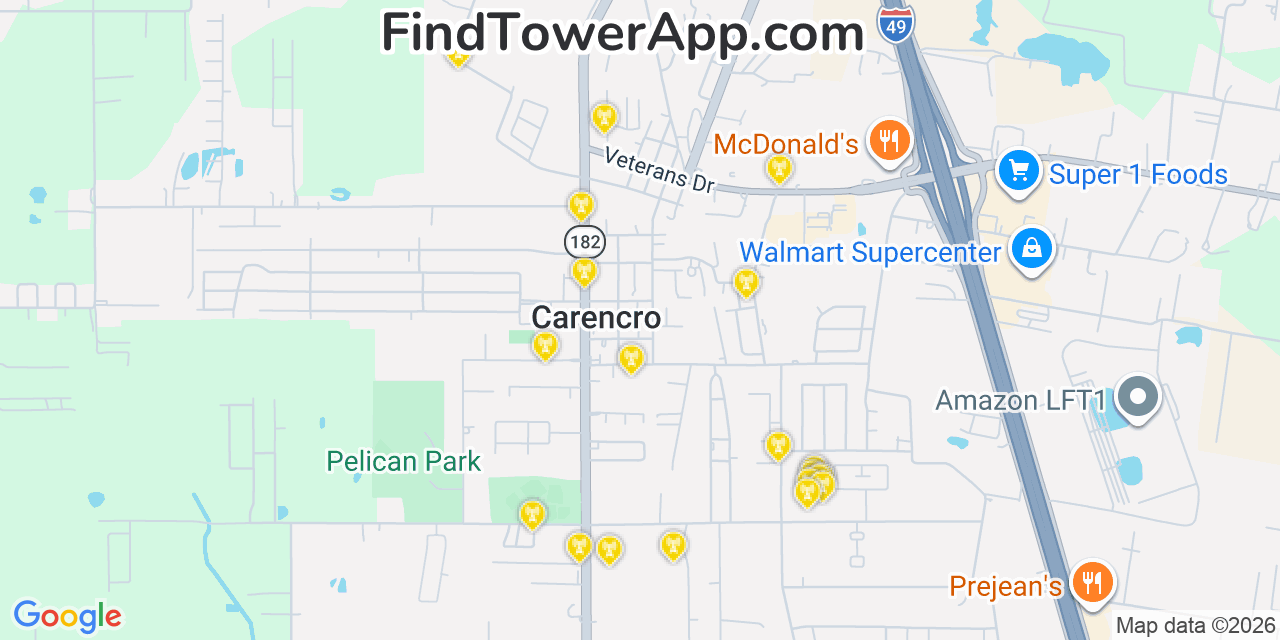 Map showing the 20 primary cell tower locations detected in Carencro, Louisiana from AT&T, Verizon, and T-Mobile networks