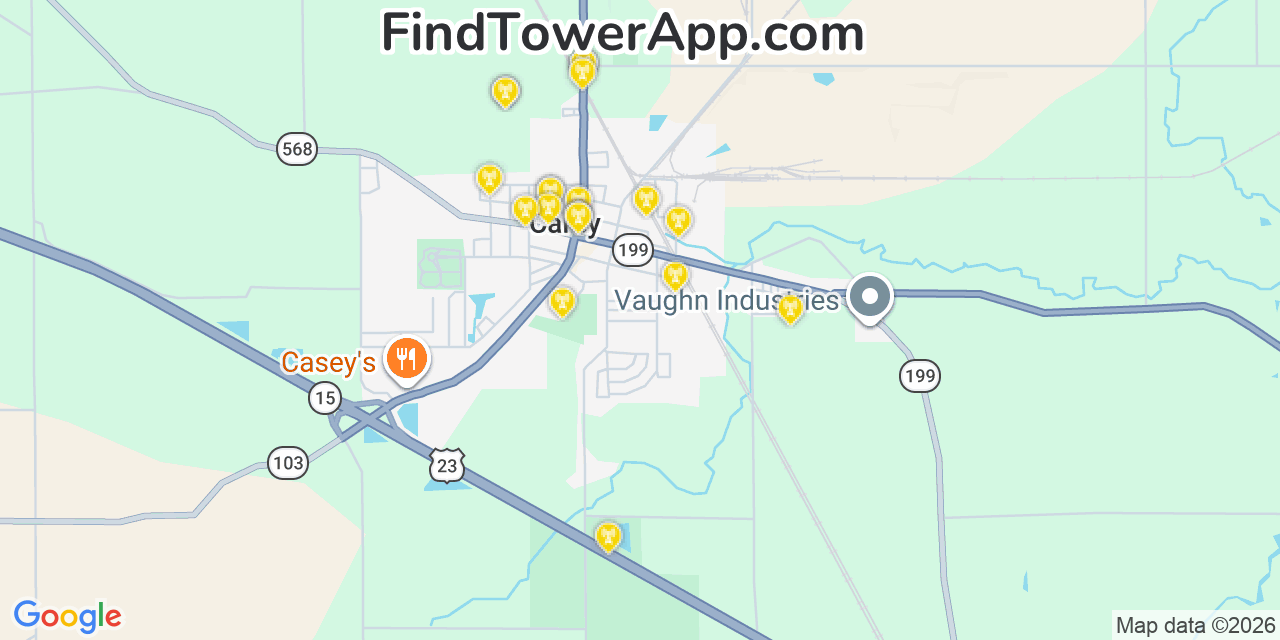 Map showing the 20 primary cell tower locations detected in Carey, Ohio from AT&T, Verizon, and T-Mobile networks