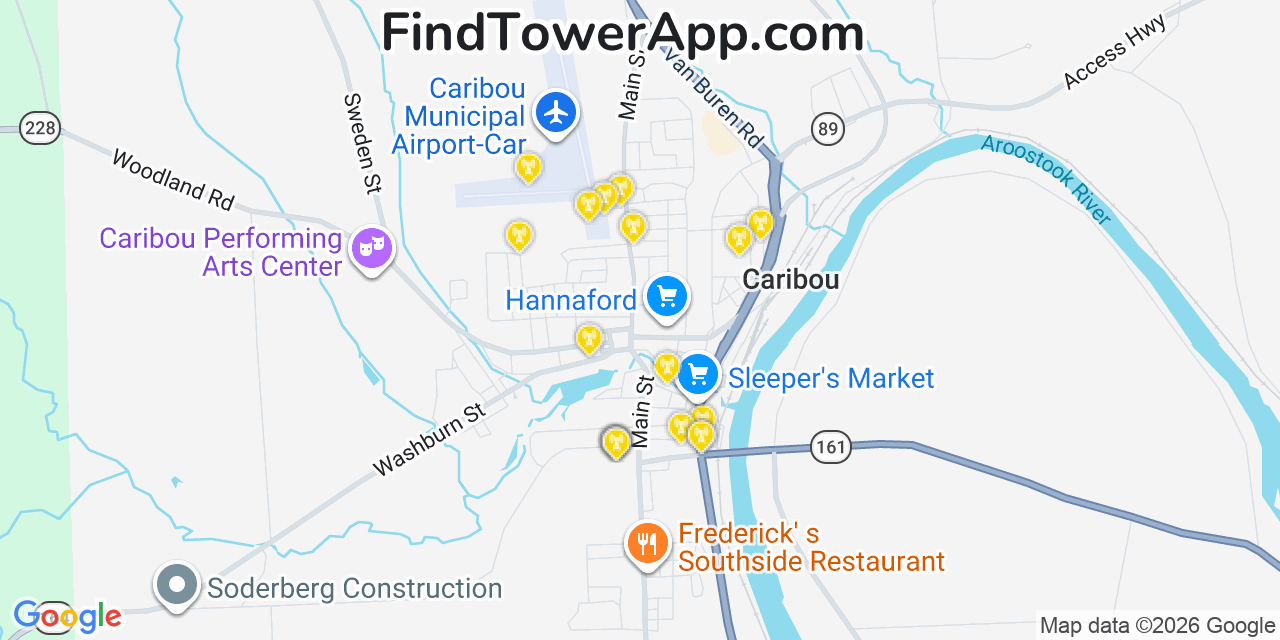 Map showing the 20 primary cell tower locations detected in Caribou, Maine from AT&T, Verizon, and T-Mobile networks