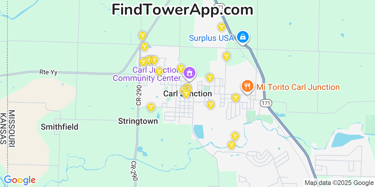 Map showing the 20 primary cell tower locations detected in Carl Junction, Missouri from AT&T, Verizon, and T-Mobile networks