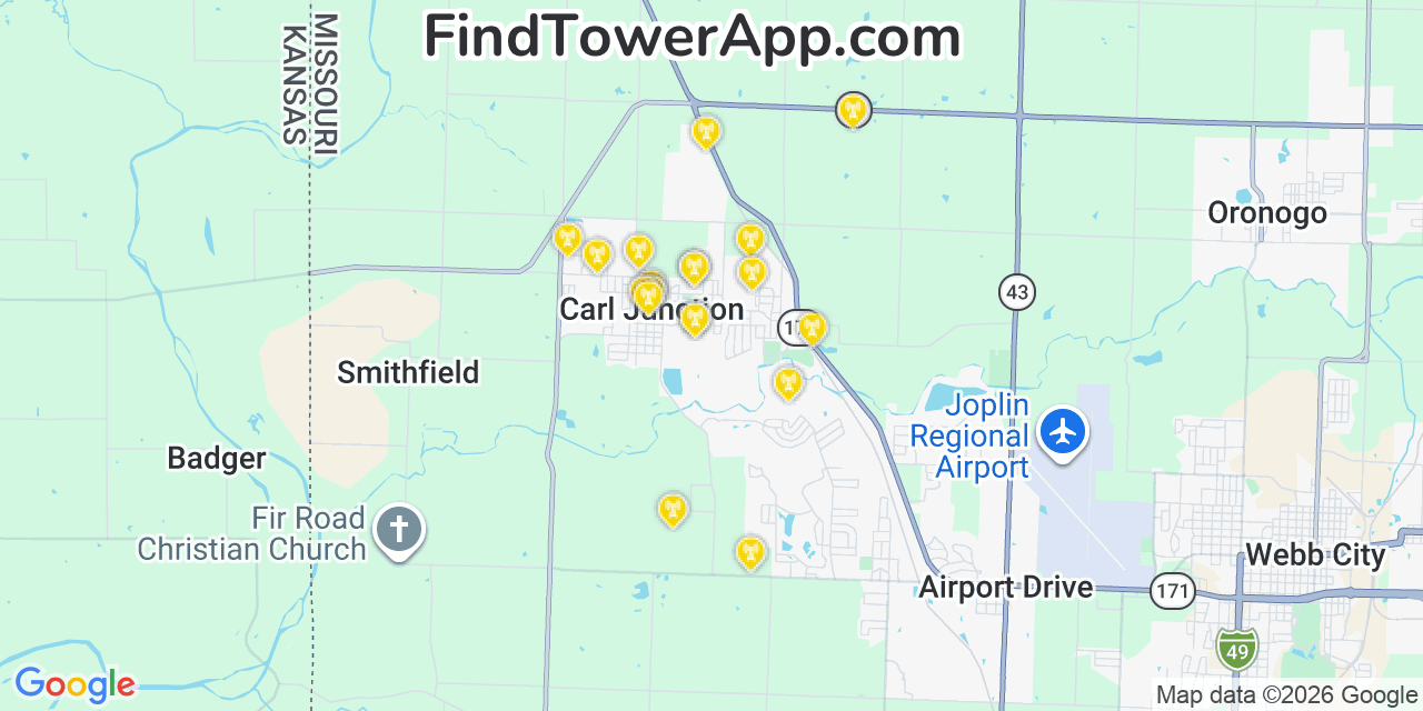 Map showing the 20 primary cell tower locations detected in Carl Junction, Missouri from AT&T, Verizon, and T-Mobile networks