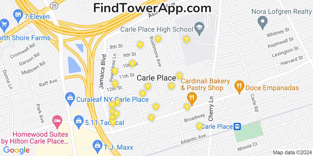 AT&T 4G/5G cell tower coverage map Carle Place, New York