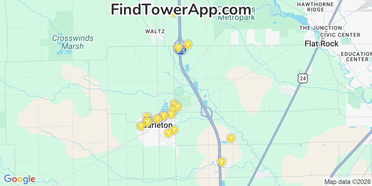 Map showing the 20 primary cell tower locations detected in Carleton, Michigan from AT&T, Verizon, and T-Mobile networks