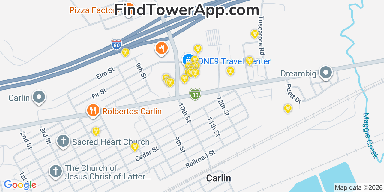 Map showing the 20 primary cell tower locations detected in Carlin, Nevada from AT&T, Verizon, and T-Mobile networks